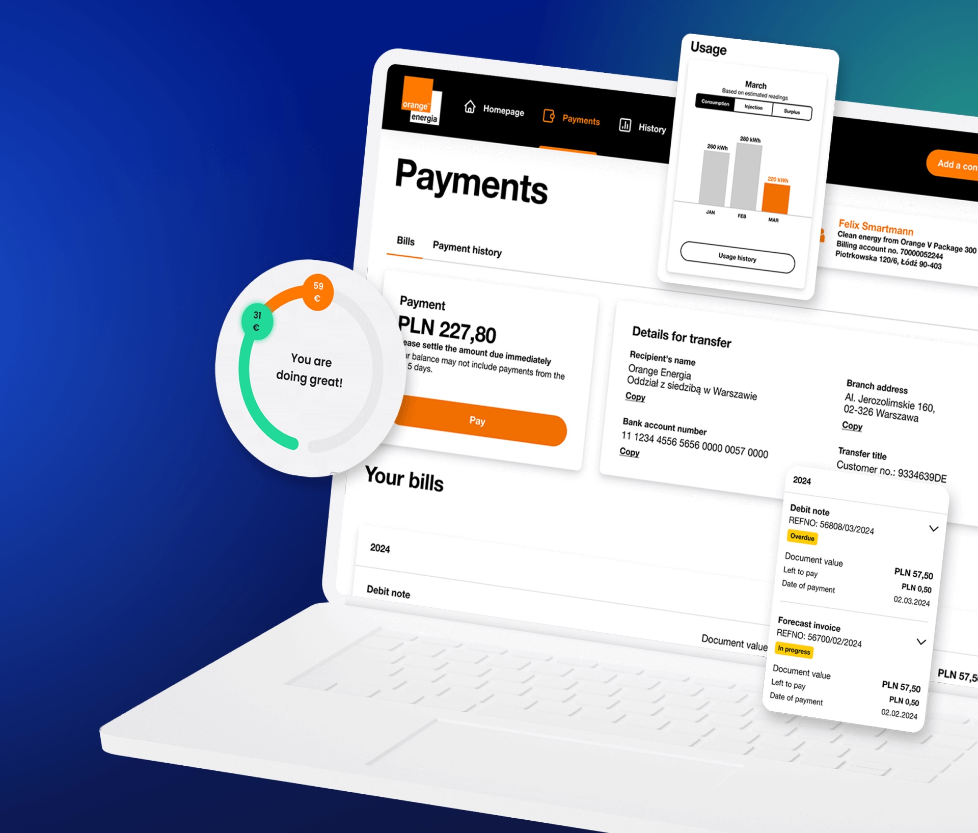 Orange Energia customer service application screens